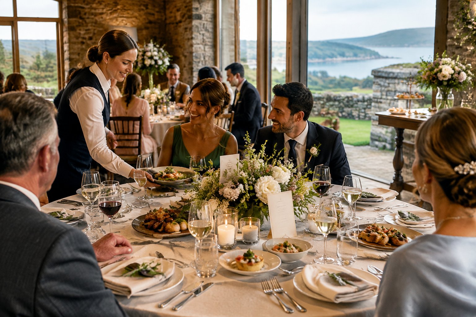 Guests enjoy an elegant wedding reception meal at a boutique Irish venue while staff provide attentive service.