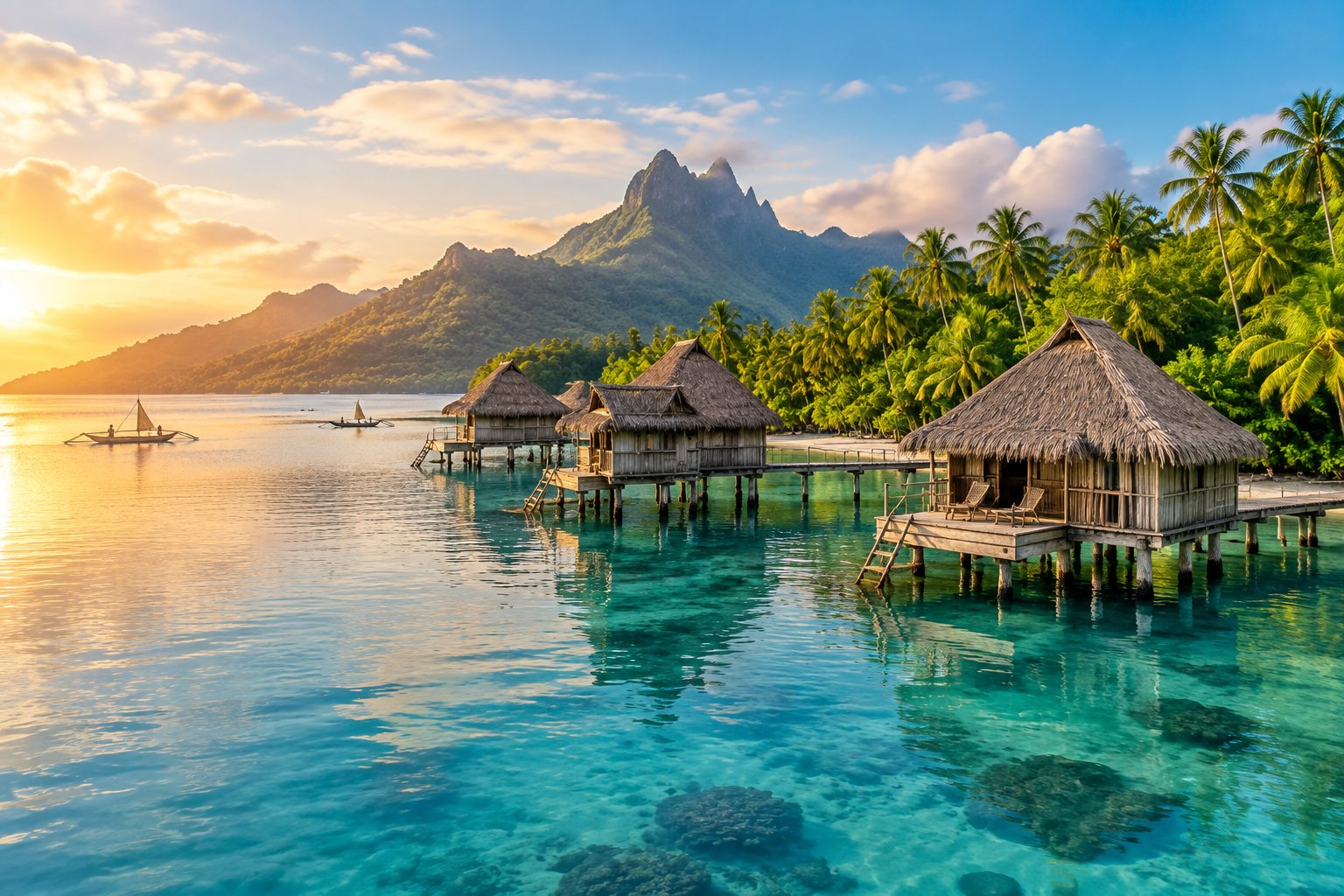Early overwater bungalows line a turquoise tropical lagoon beneath green mountains.