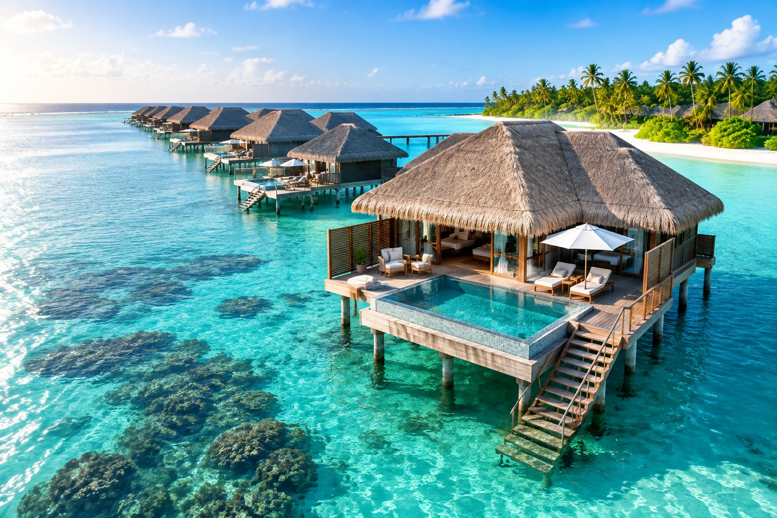 Luxury overwater bungalows surrounded by clear turquoise Caribbean water and tropical palms.