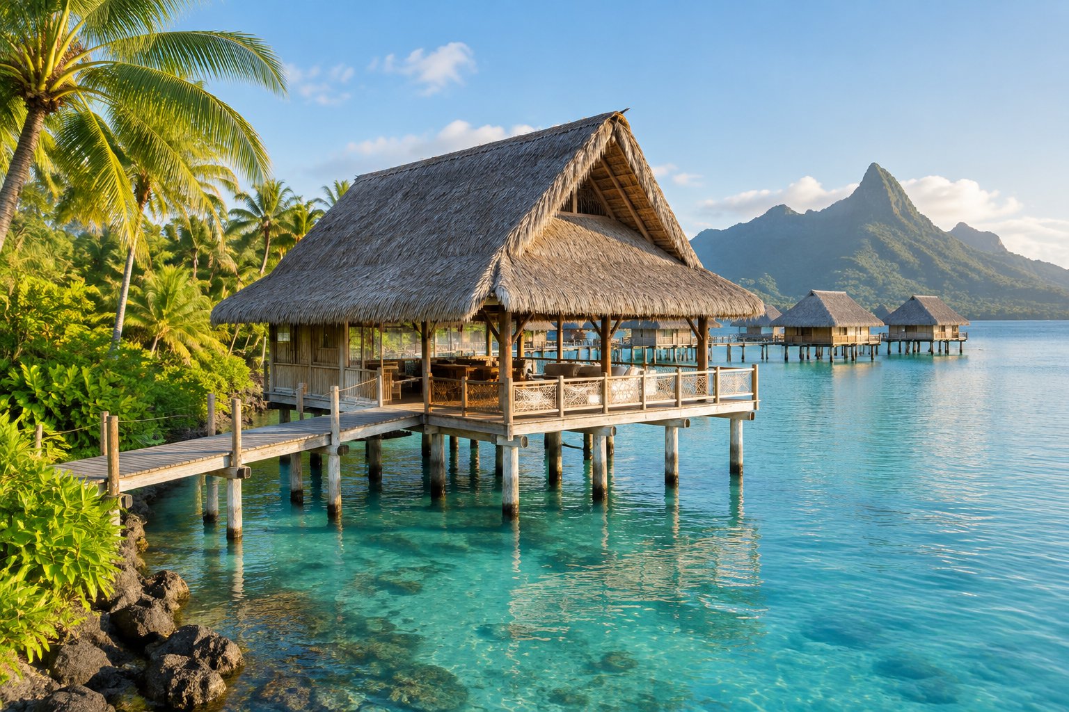 A traditional thatched island pavilion stands on stilts above a turquoise lagoon, connected to a lush tropical shore.