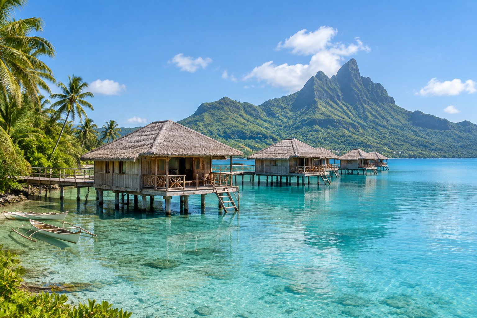 Traditional wooden overwater bungalows line a turquoise lagoon beside a lush mountainous island.