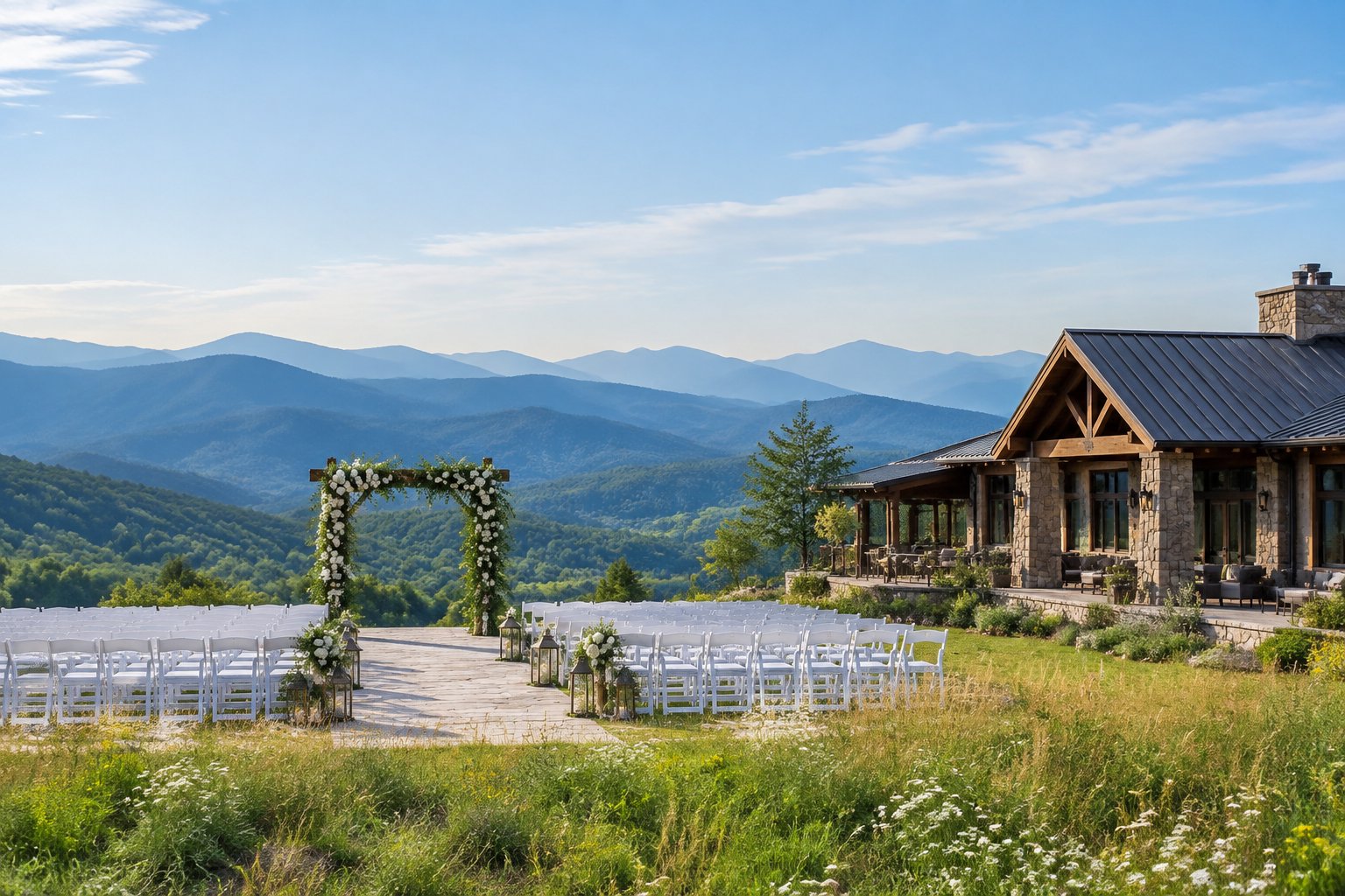 An elegant outdoor wedding venue sits in a green meadow with blue mountain ranges in the background.