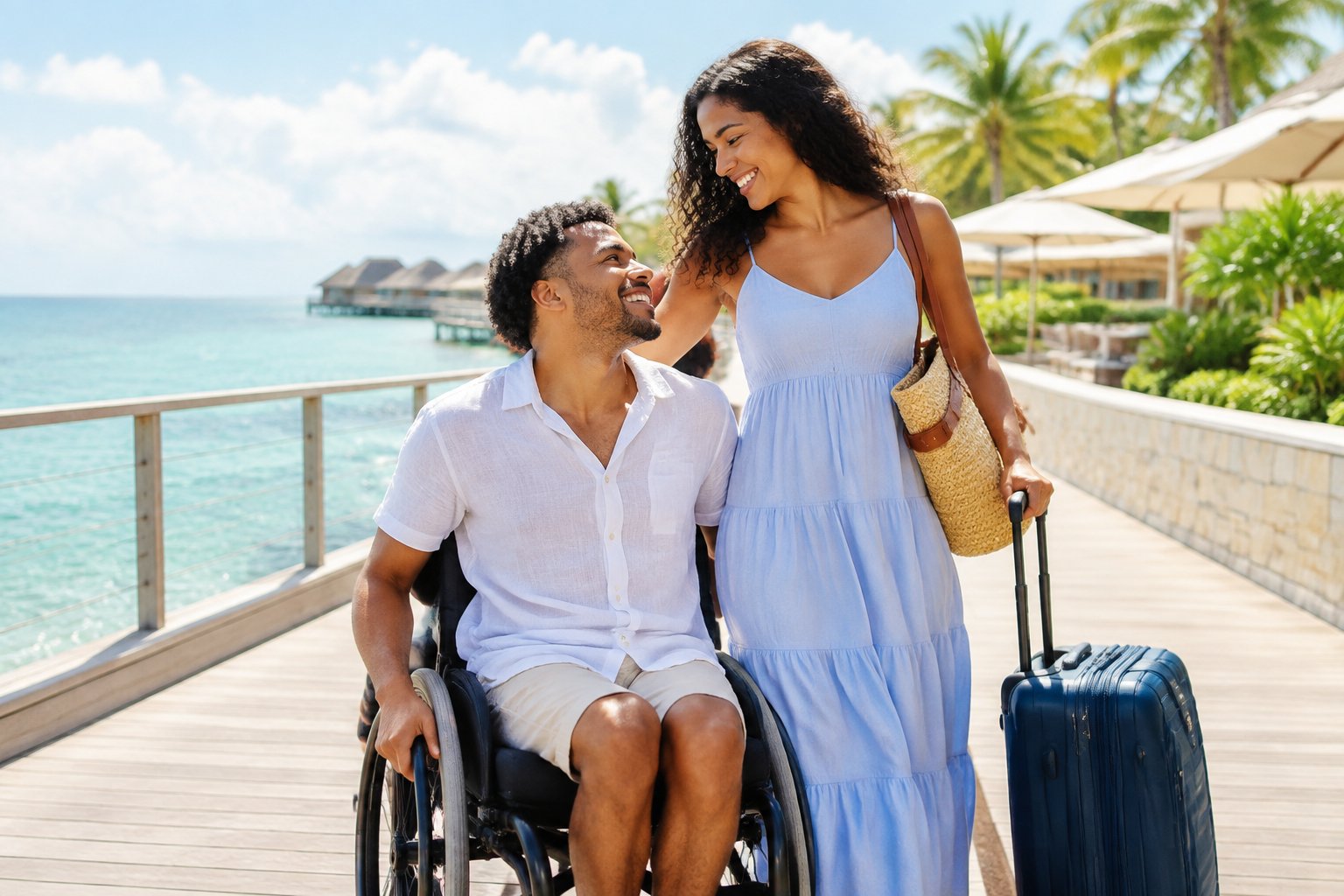 A couple enjoys a sunny, accessible seaside resort while celebrating their honeymoon.