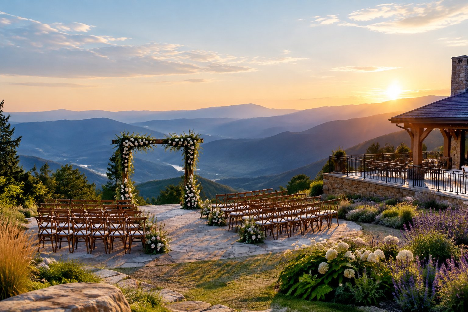 An outdoor wedding ceremony overlooks layered blue mountains from a scenic mountaintop venue.