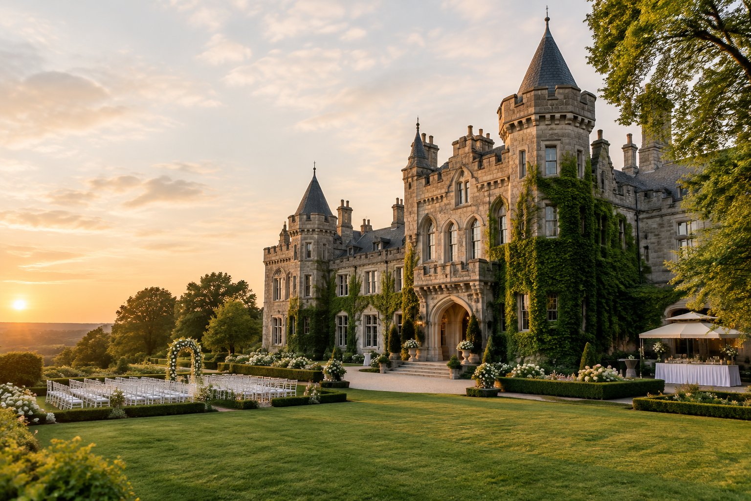 A historic castle surrounded by gardens and a tasteful wedding setup.