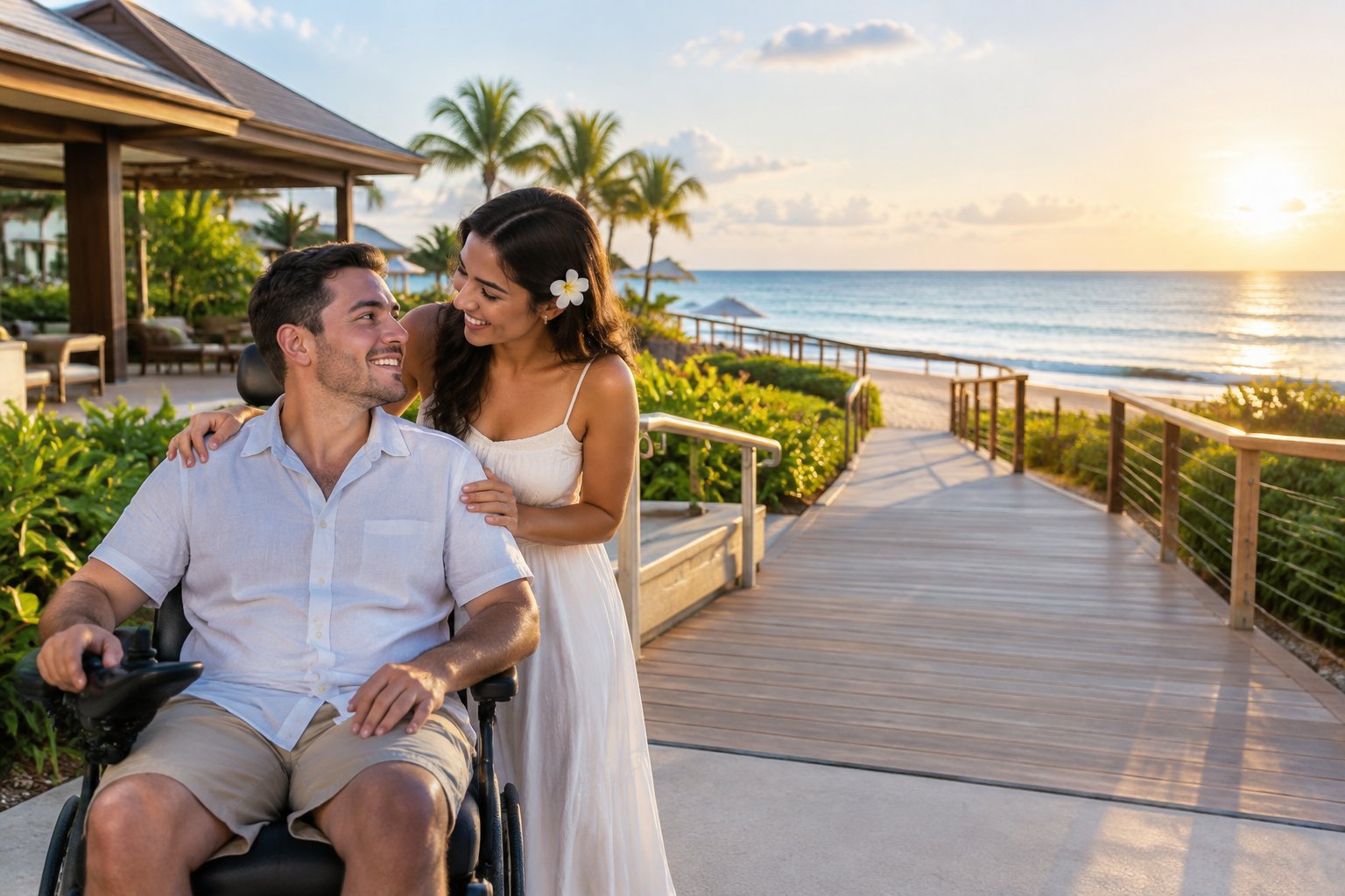 A newlywed couple enjoys an accessible tropical seaside resort with a step-free path to the beach.