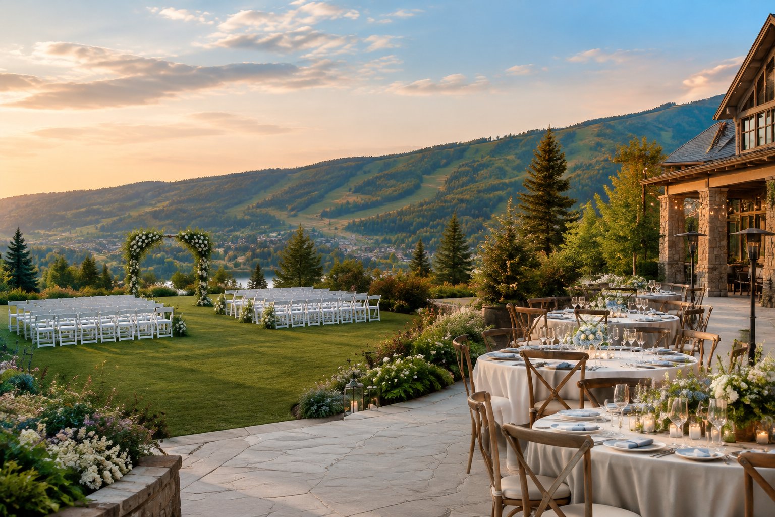 Elegant wedding ceremony and reception spaces overlooking a forested mountain landscape.