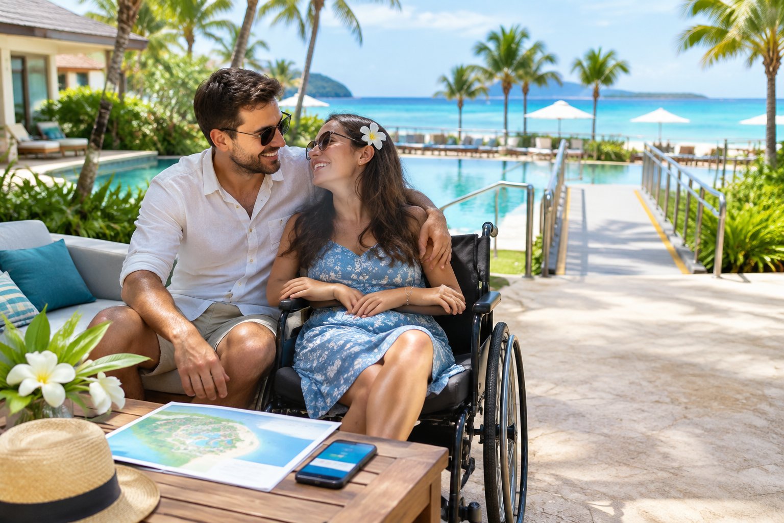 A newlywed couple enjoys a sunny, wheelchair-accessible tropical resort.