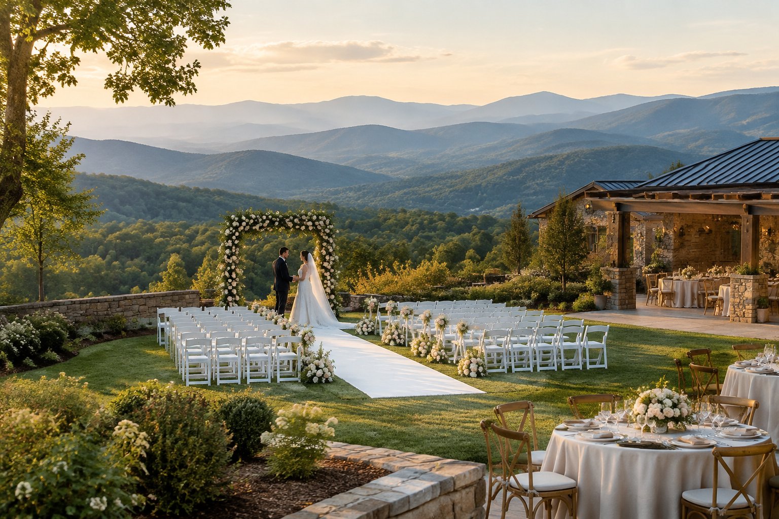 An elegant outdoor wedding ceremony overlooking blue-green mountain ranges, with floral decorations, white chairs, and a reception area in the background.