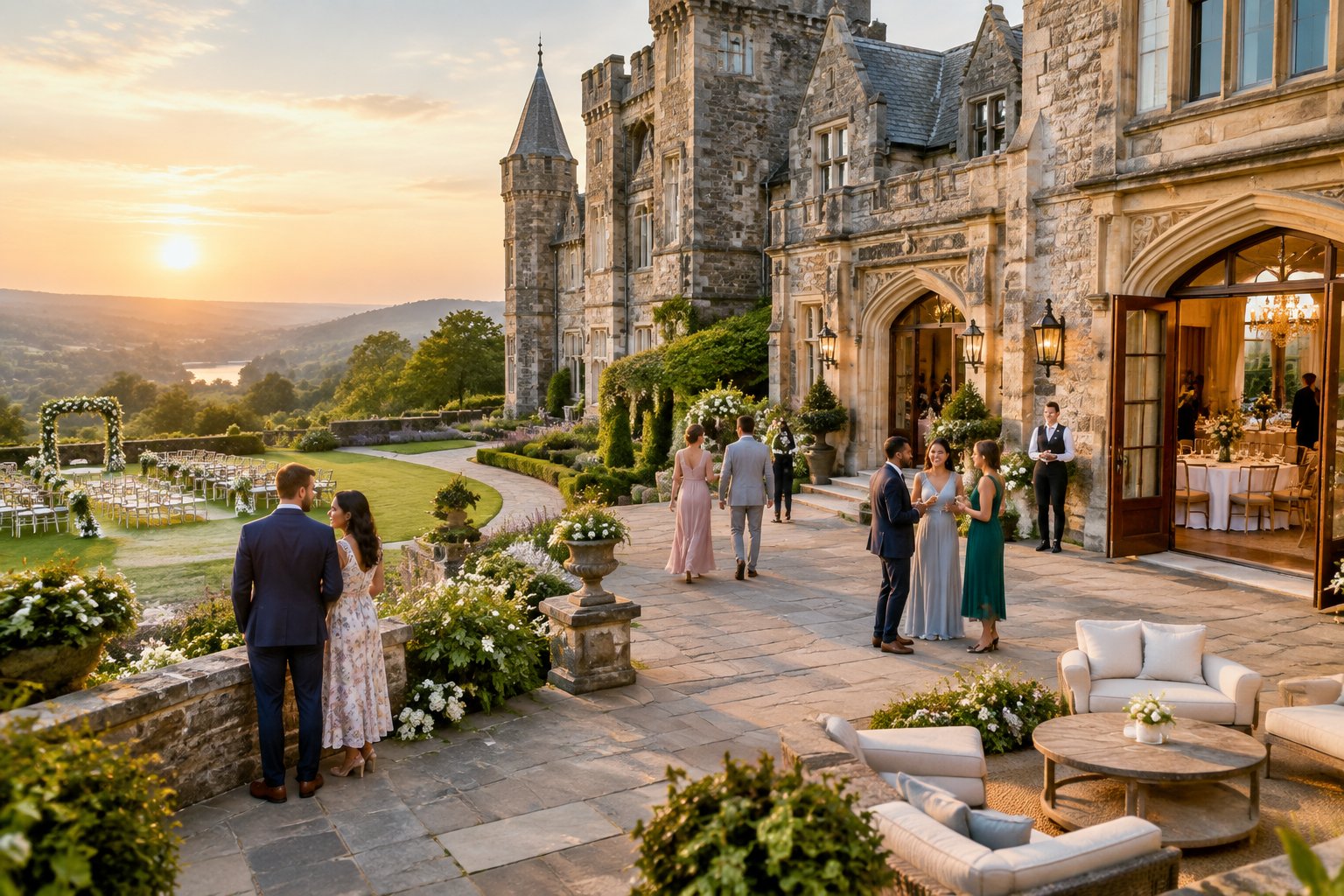 Wedding guests explore the gardens and welcoming spaces of a historic castle venue.