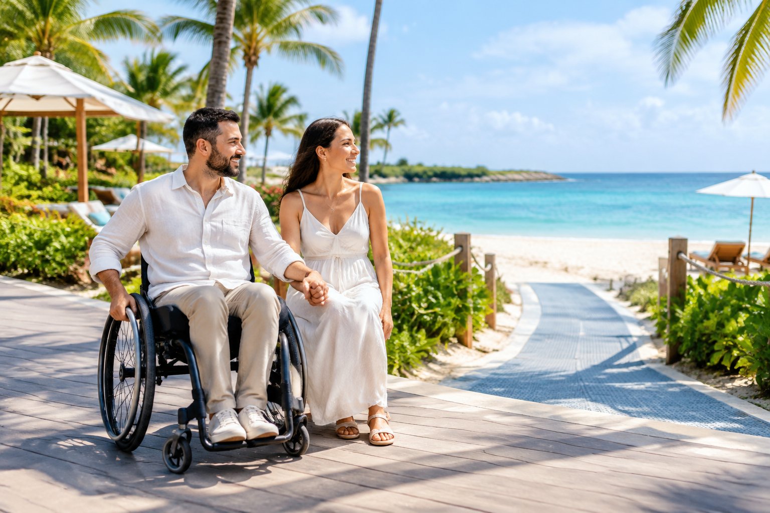 A newlywed couple enjoys a sunny accessible beach resort, with one partner using a wheelchair on a smooth path near the ocean.