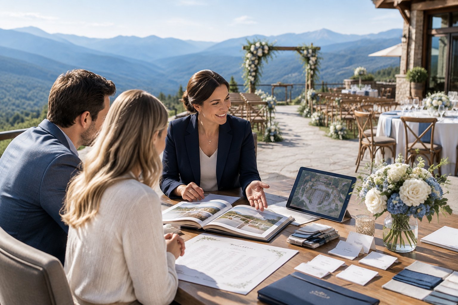 A wedding coordinator reviews plans with a couple on a resort terrace overlooking blue mountain ranges and a prepared ceremony space.