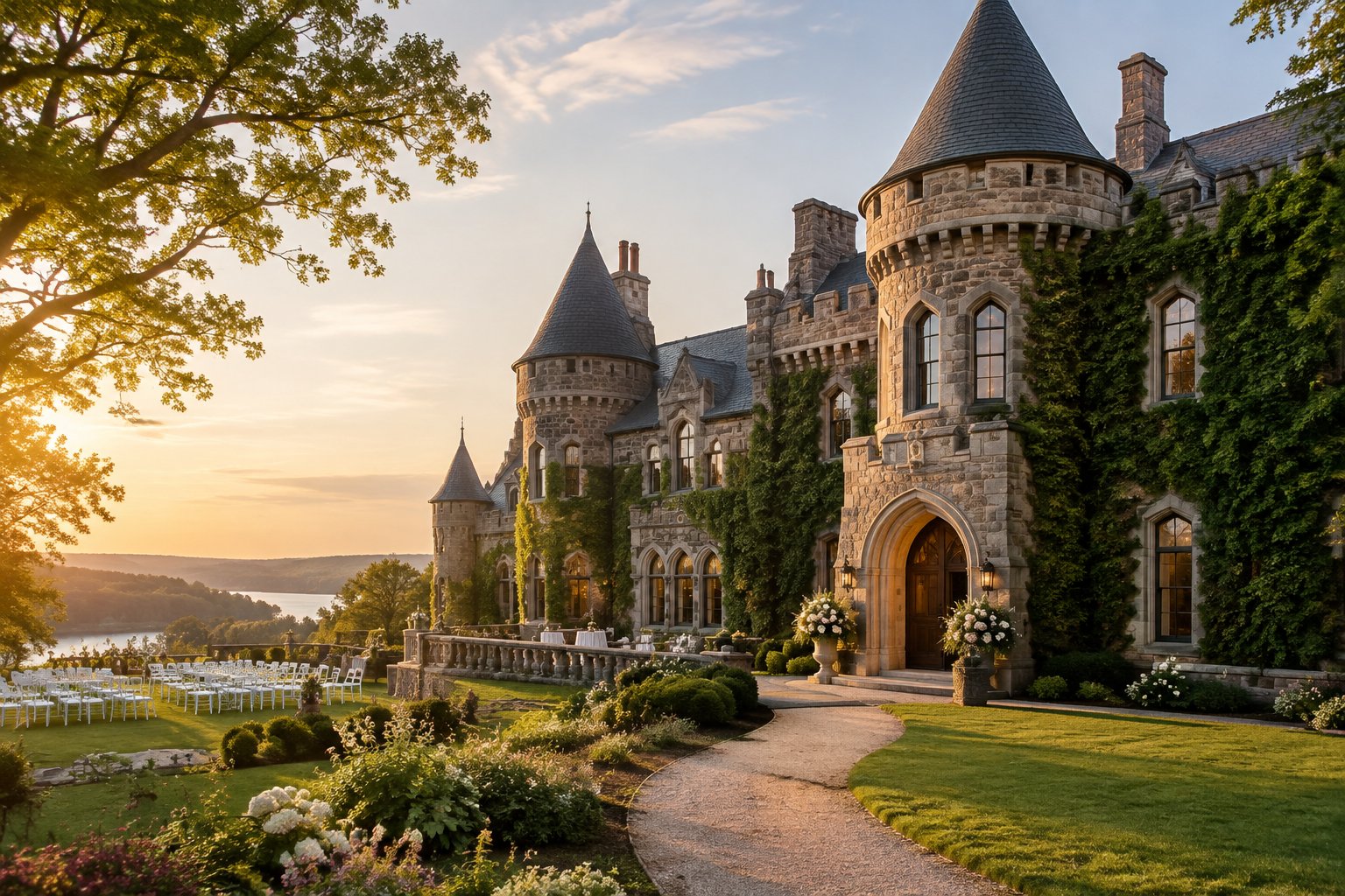 Historic stone castle wedding venue surrounded by landscaped gardens and ceremony chairs.
