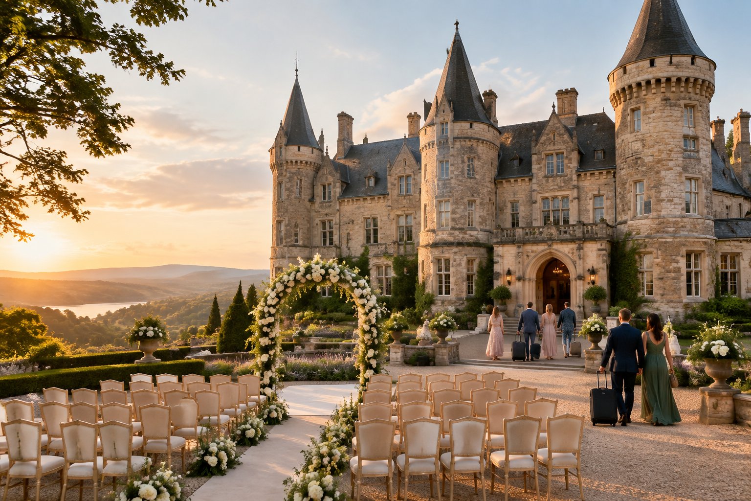 An elegant outdoor wedding ceremony set in the courtyard of a grand historic castle.