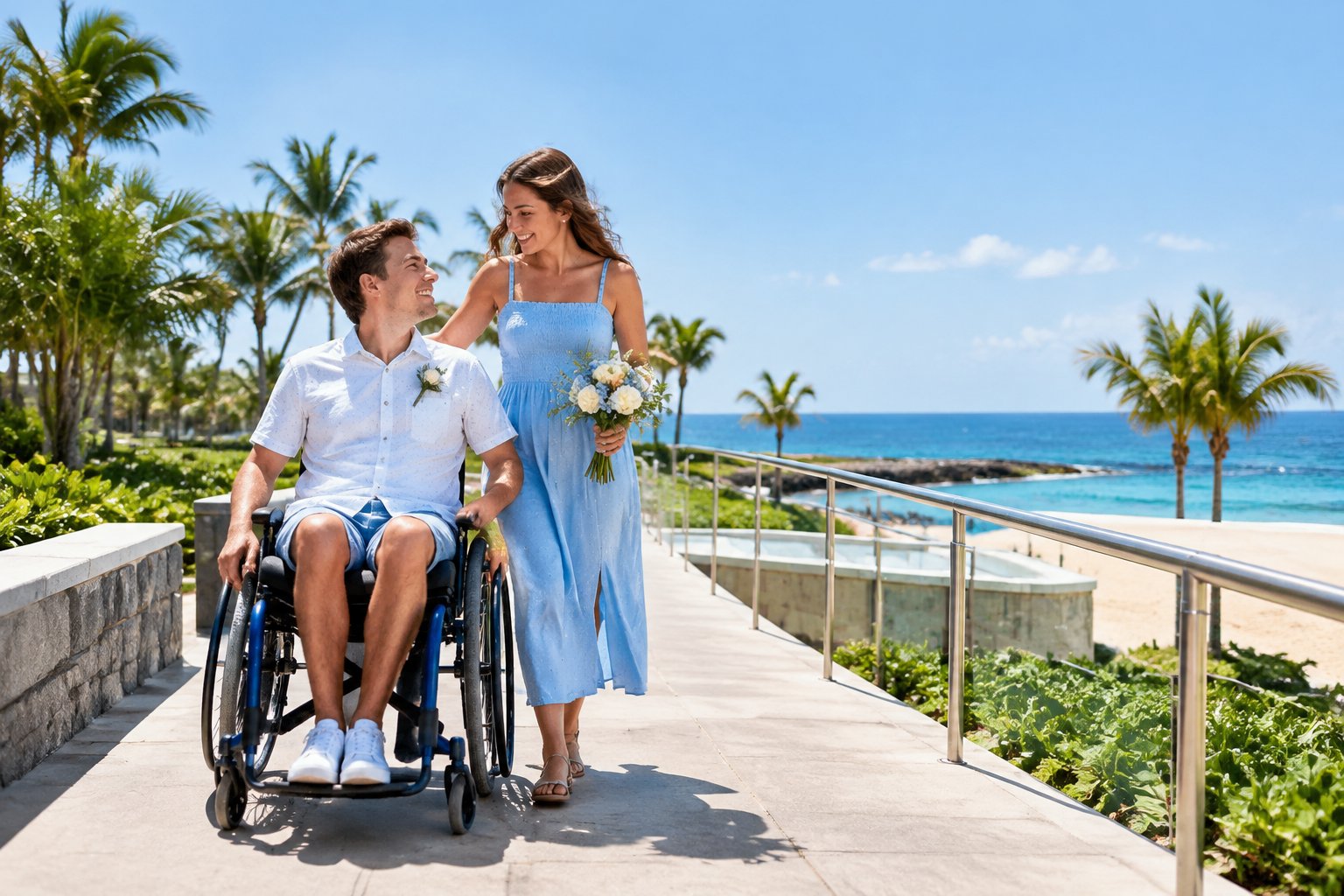 A newlywed couple enjoys a sunny accessible seaside promenade, with one partner using a wheelchair.
