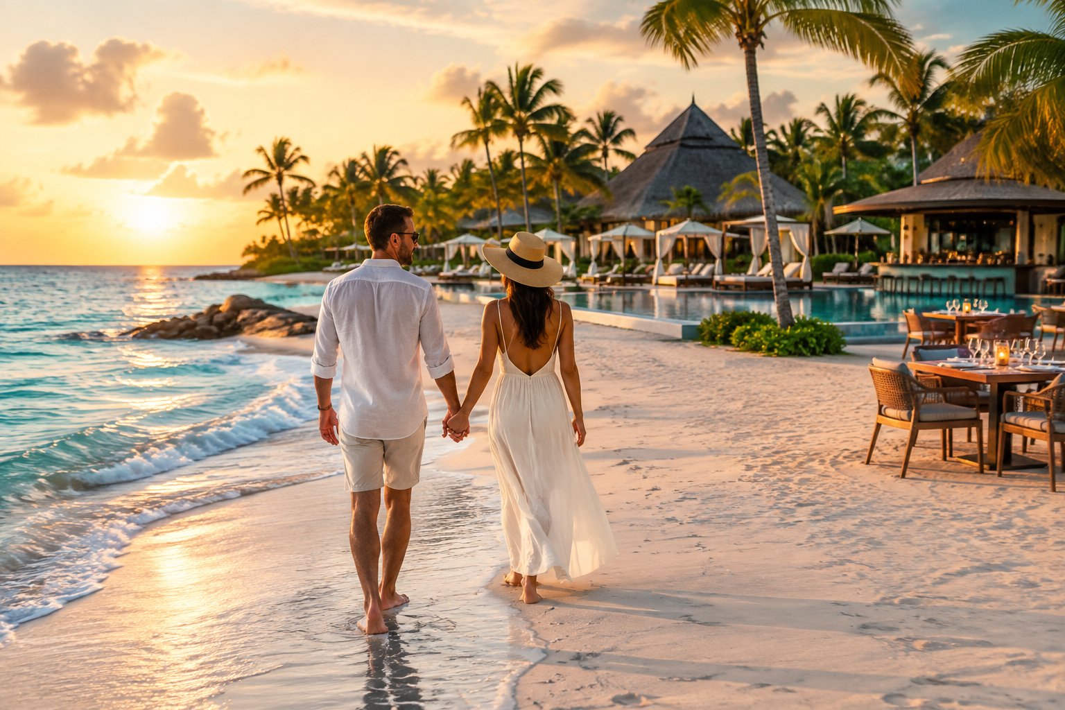 Newlywed couple walking hand in hand along a tropical beach beside a luxurious resort.