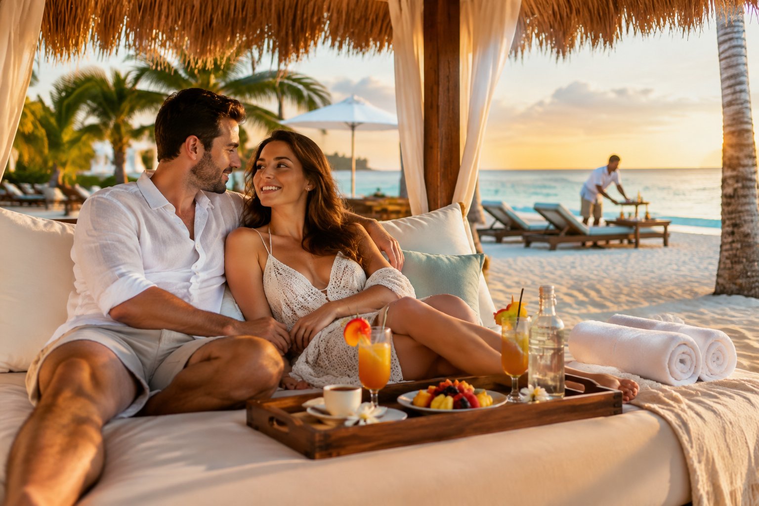 Newlywed couple relaxing beneath a beach cabana at a luxurious tropical all-inclusive resort.