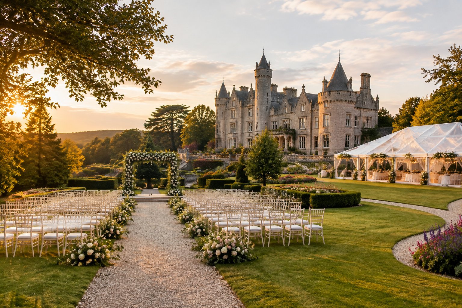 A historic castle surrounded by manicured gardens and a prepared outdoor wedding ceremony area.