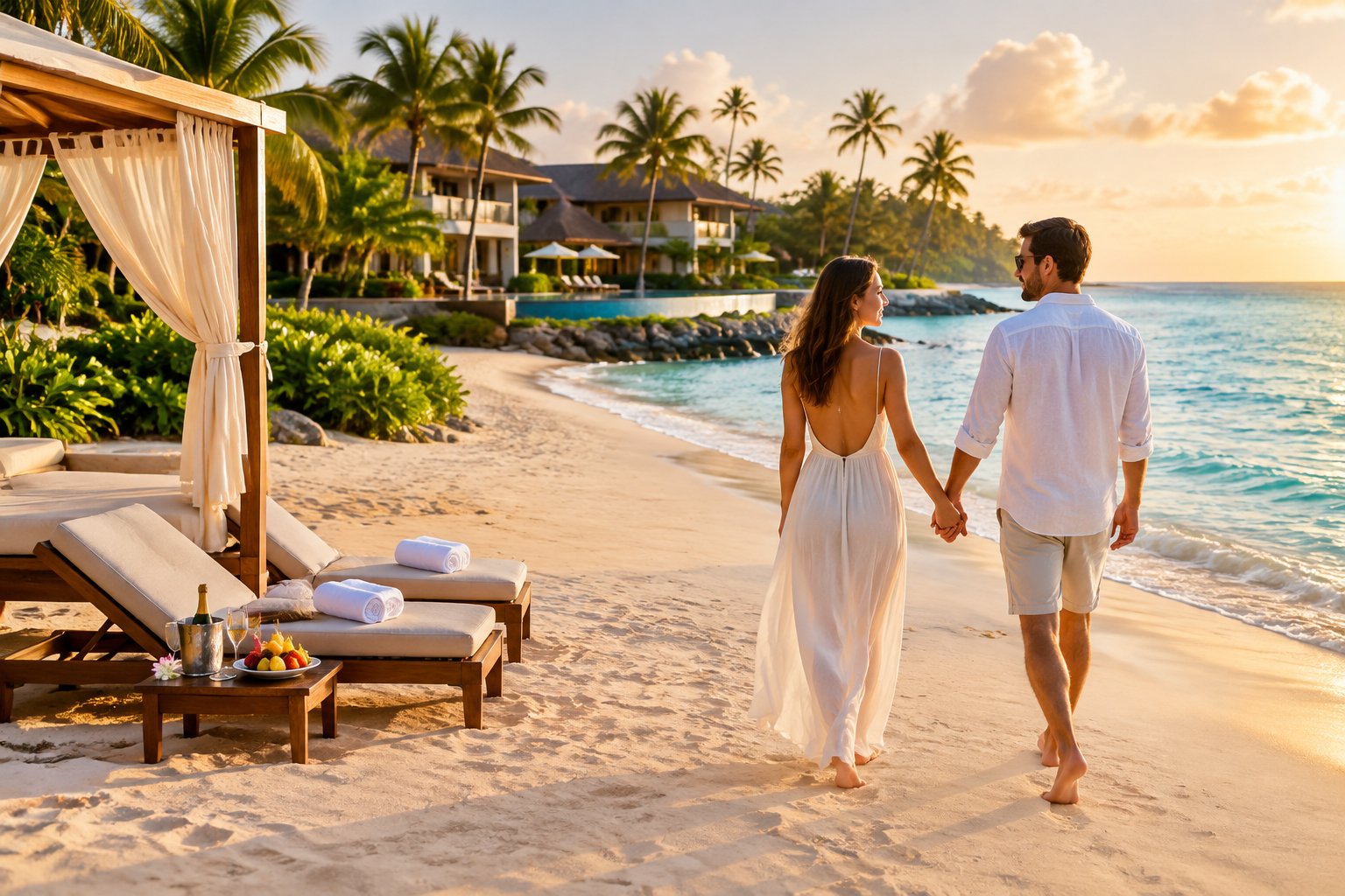 A newlywed couple walks hand in hand along a tropical beach beside a luxurious resort.