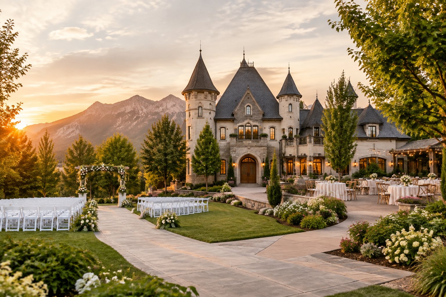 A castle-inspired wedding and events venue surrounded by landscaped grounds, outdoor seating, and elegant reception details.