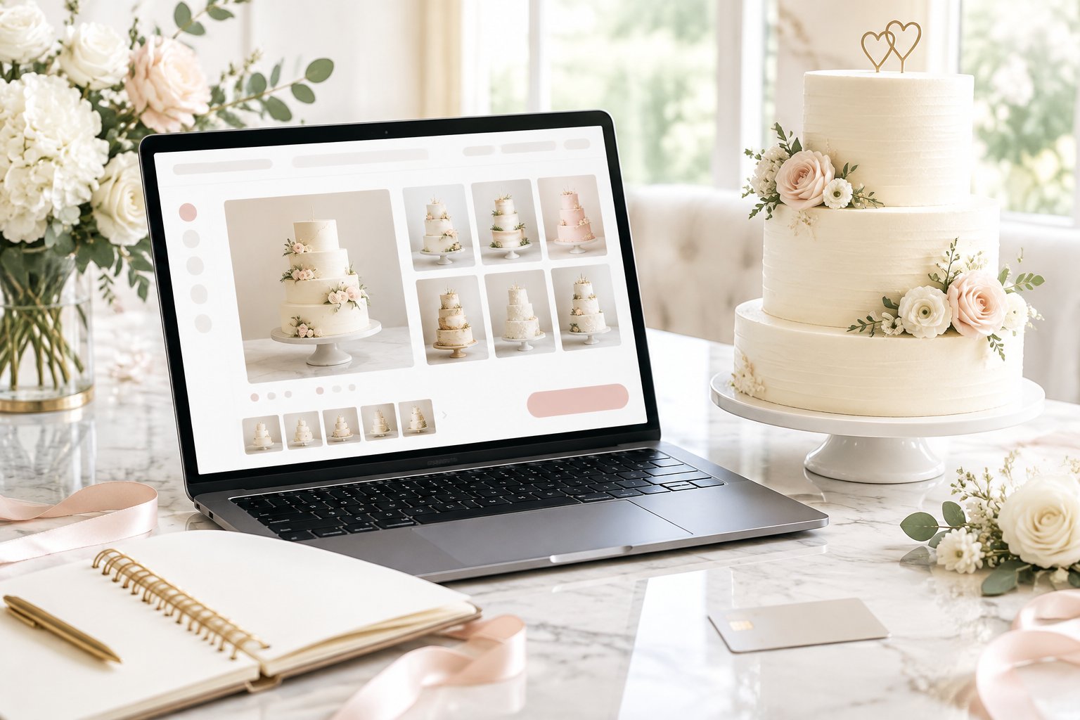 A wedding cake beside a device showing an online cake selection page.
