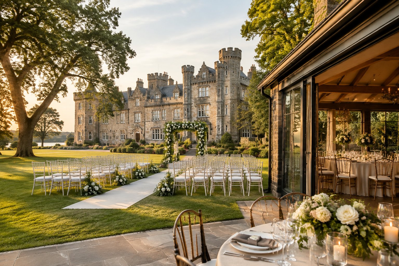 A historic castle surrounded by parkland with an outdoor ceremony setup and an elegant reception area.