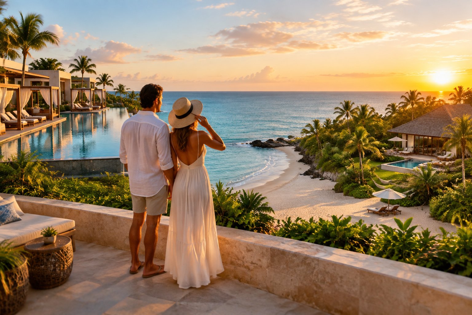 A couple compares two luxurious tropical resort settings overlooking a turquoise ocean.