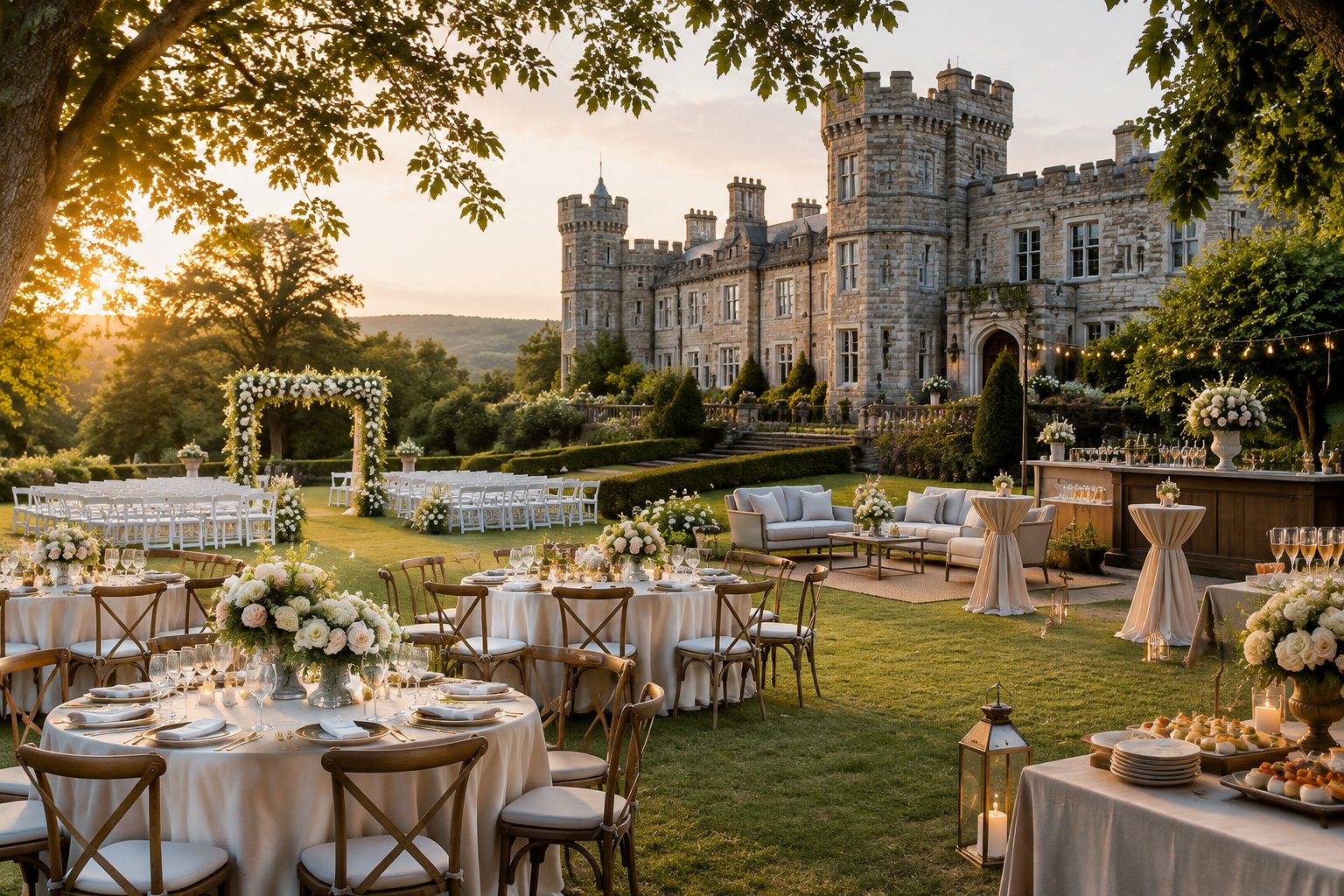 An elegant castle estate prepared for a wedding, with a garden ceremony setup, decorated reception tables, and a comfortable lounge area.