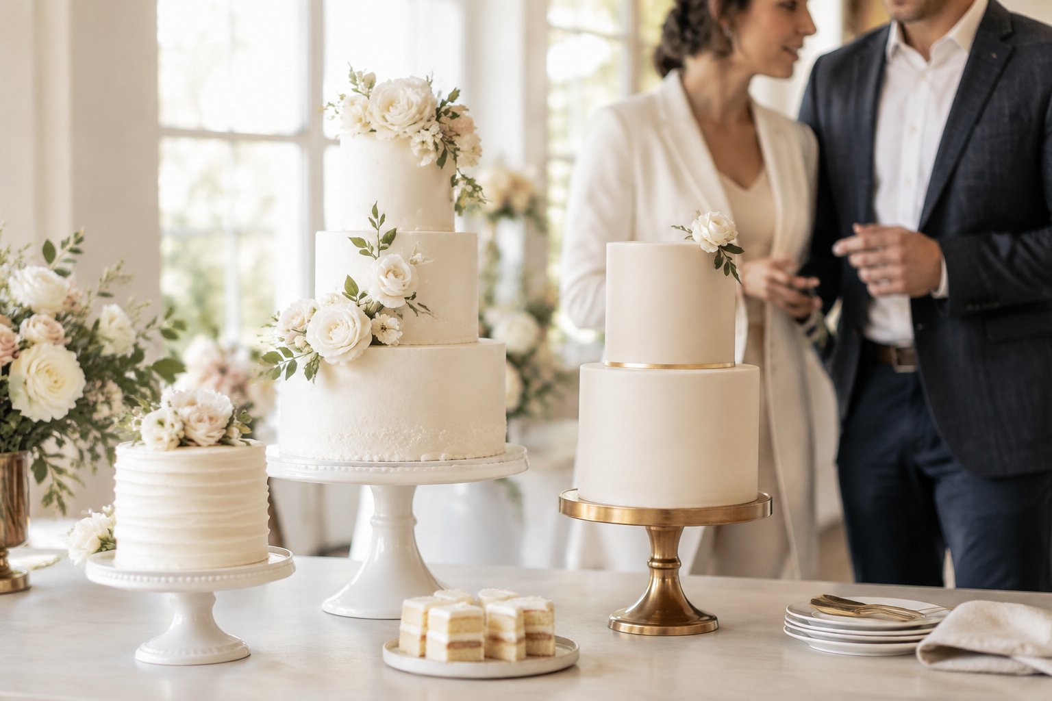 A selection of wedding cakes displayed on elegant stands in a bright bakery.