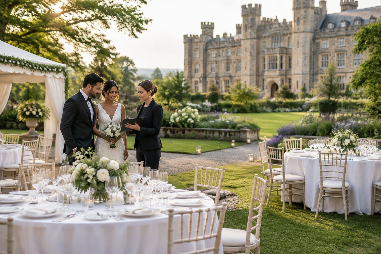 Couple meeting a venue coordinator beside a decorated wedding reception in the grounds of a historic castle.