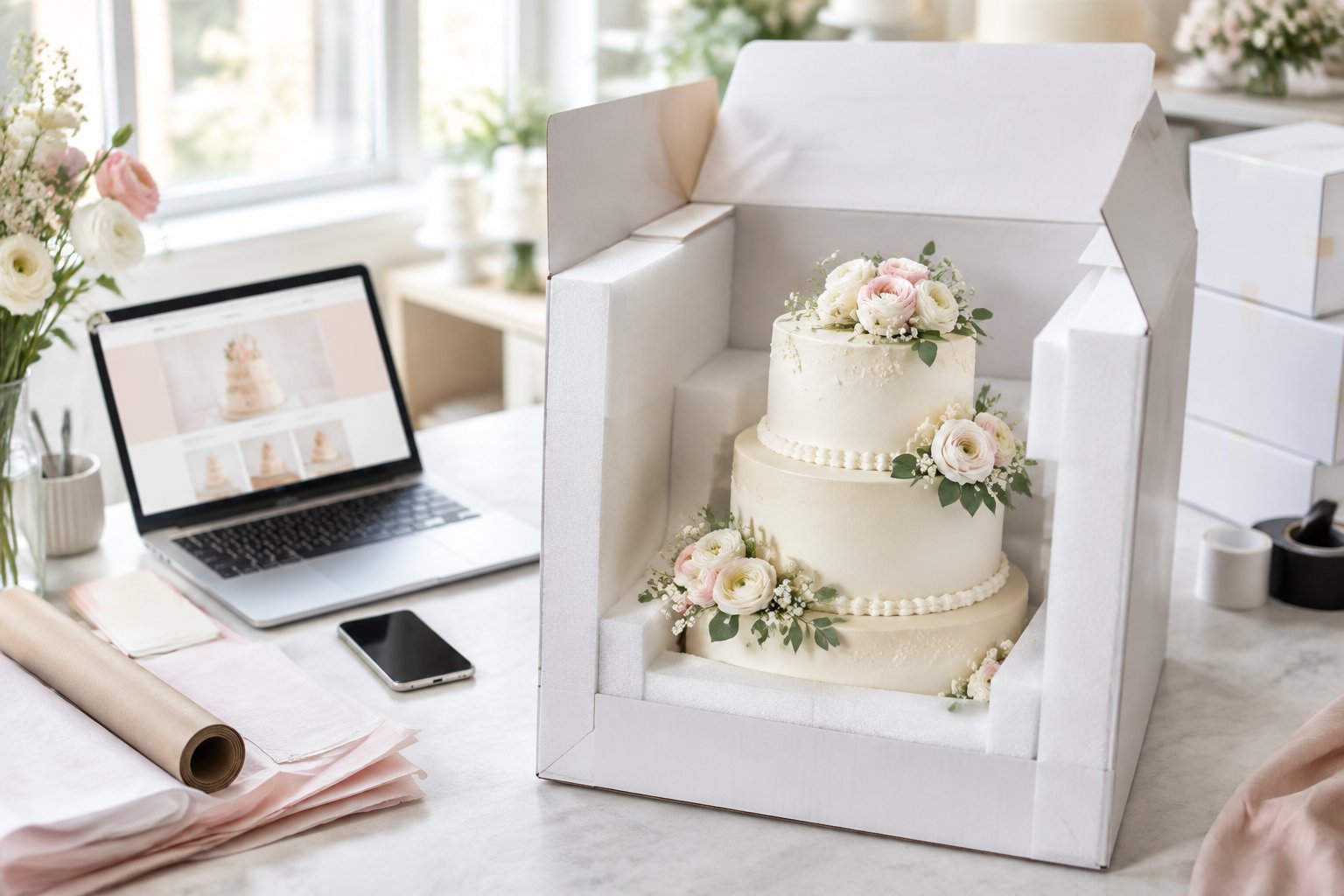 A decorated tiered wedding cake is secured in a shipping box beside a laptop and packing materials.