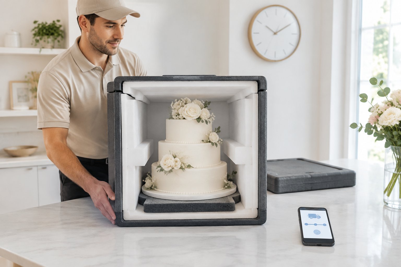 A delivery professional carefully places a protected tiered wedding cake in an insulated box.