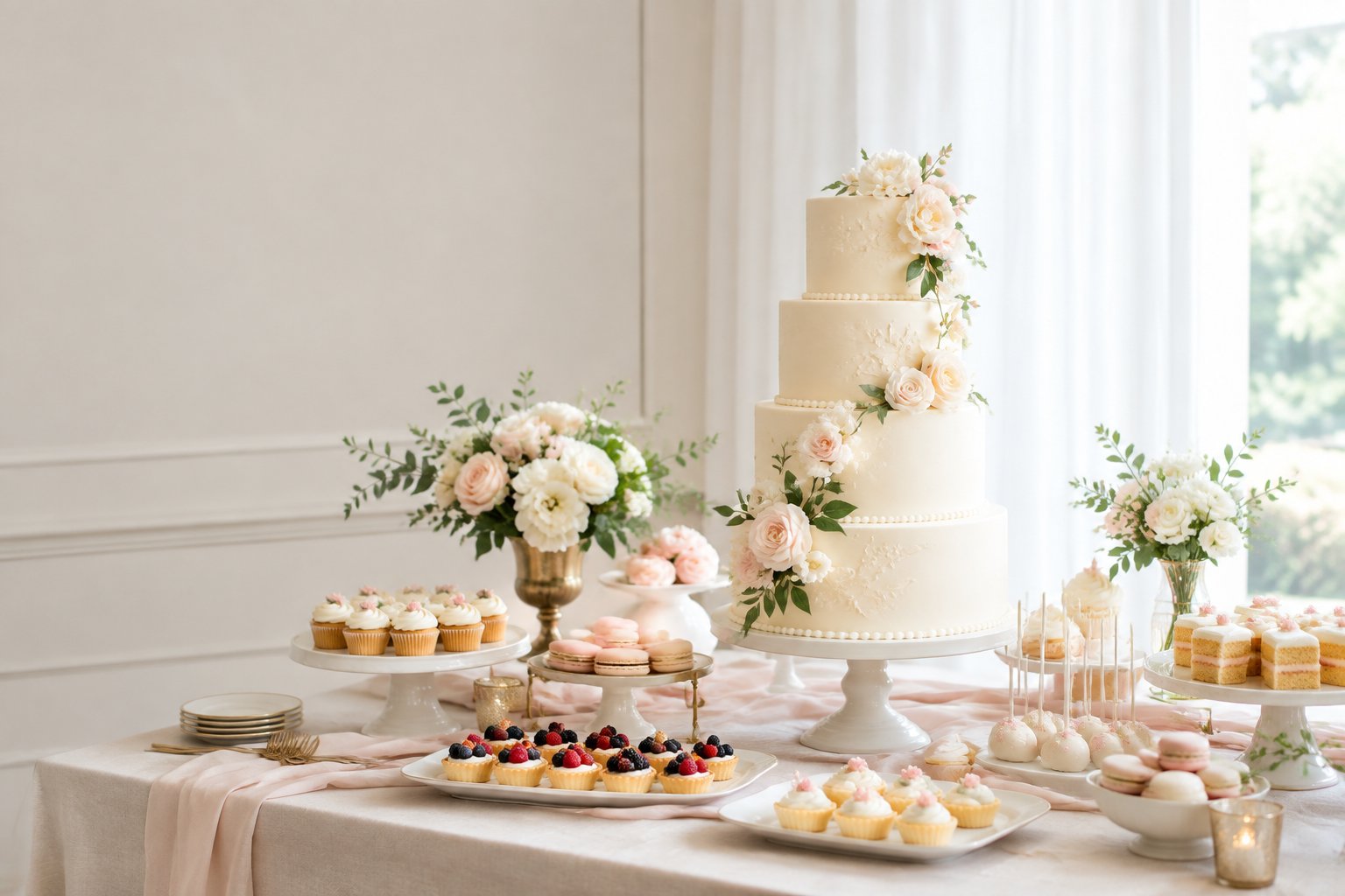 An elegant wedding dessert table with a tiered wedding cake, pastries, flowers, and serving stands.
