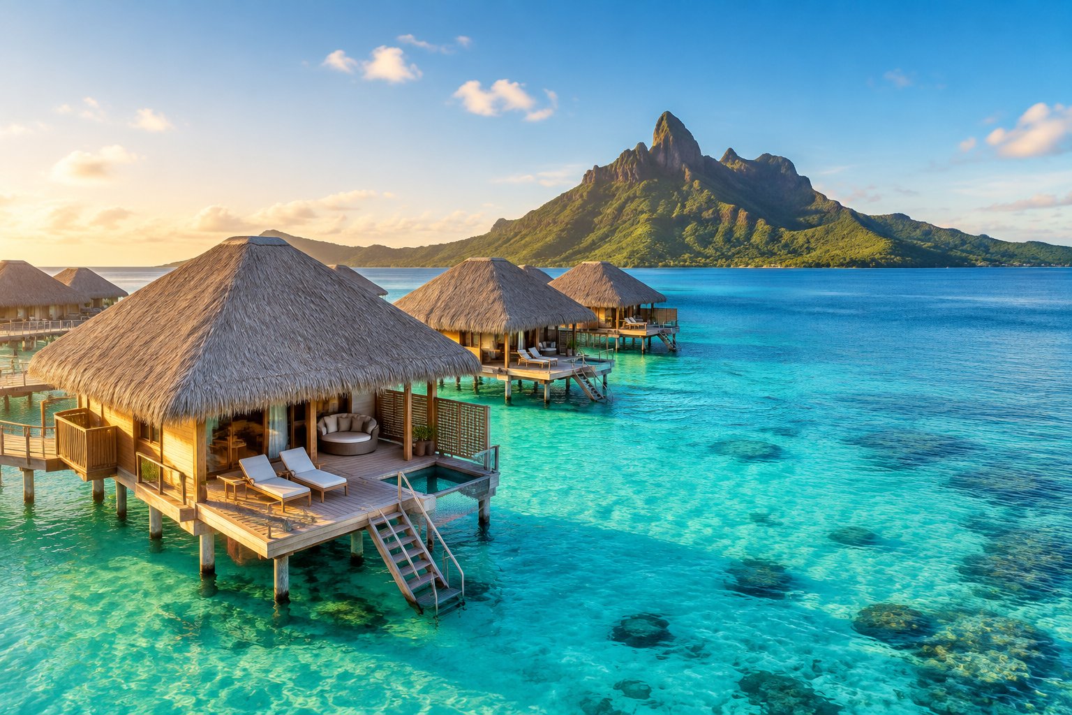 Overwater bungalows sit above a clear turquoise lagoon with green mountains in the background.