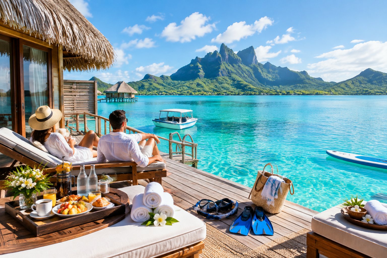 A luxury overwater bungalow with breakfast, snorkeling gear, and tropical lagoon views in Bora Bora.