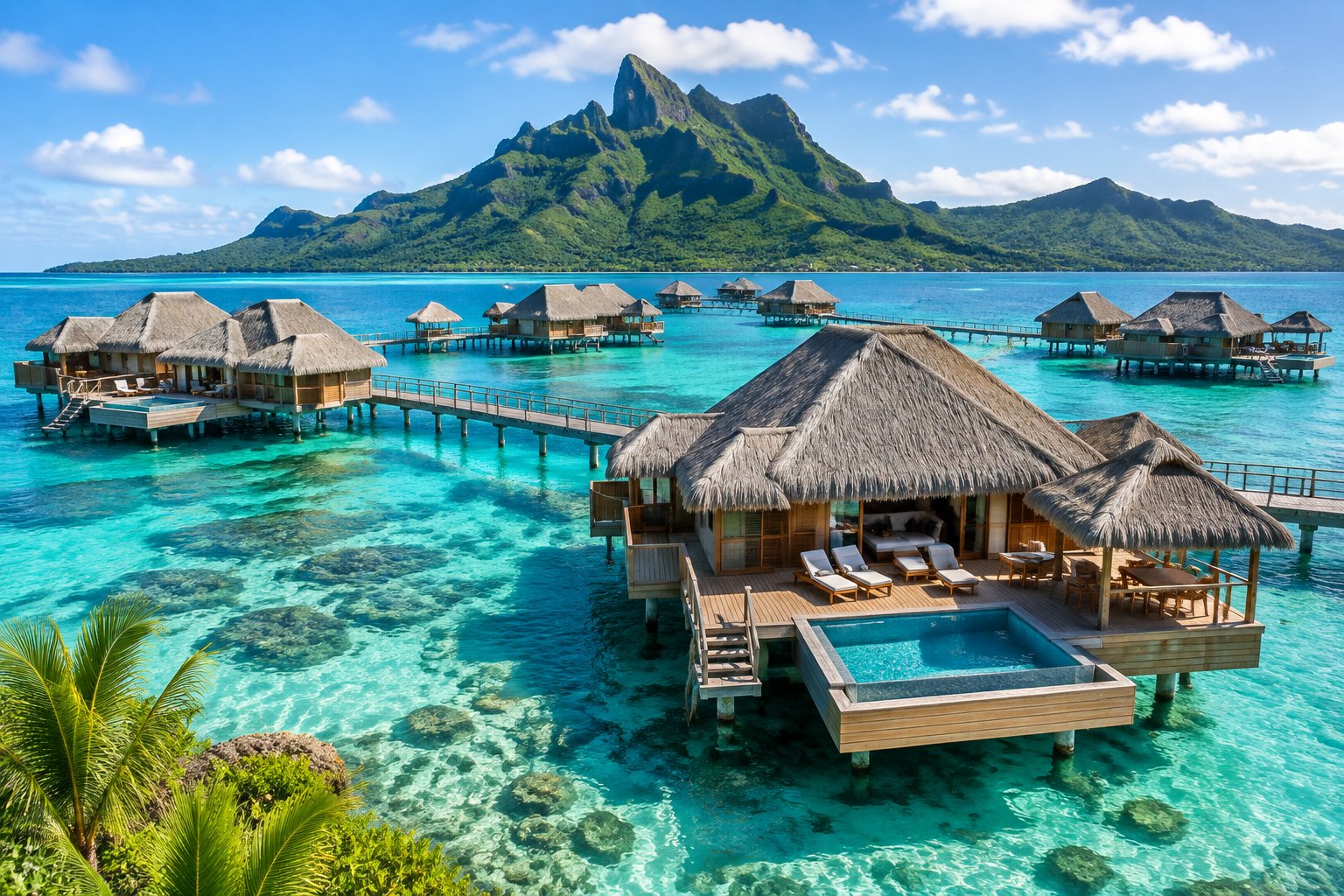 Luxury overwater bungalows arranged along a turquoise lagoon with Bora Bora’s green mountains in the background.