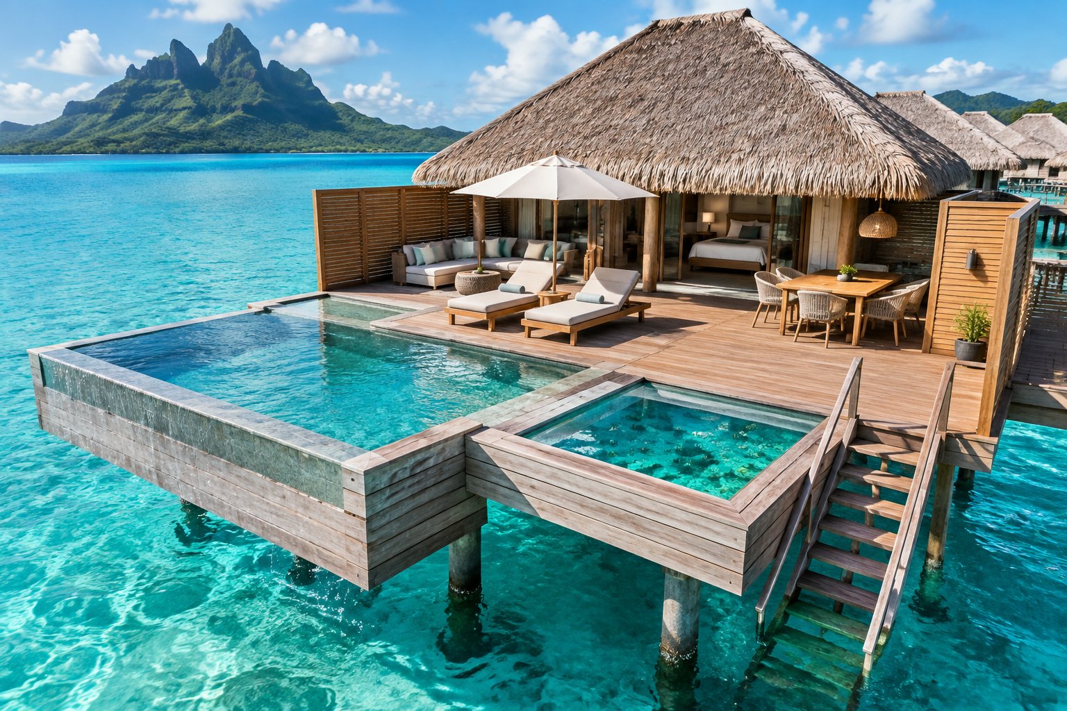A luxury overwater villa with a private pool, shaded lounge, and lagoon access overlooking Bora Bora's turquoise lagoon and mountains.