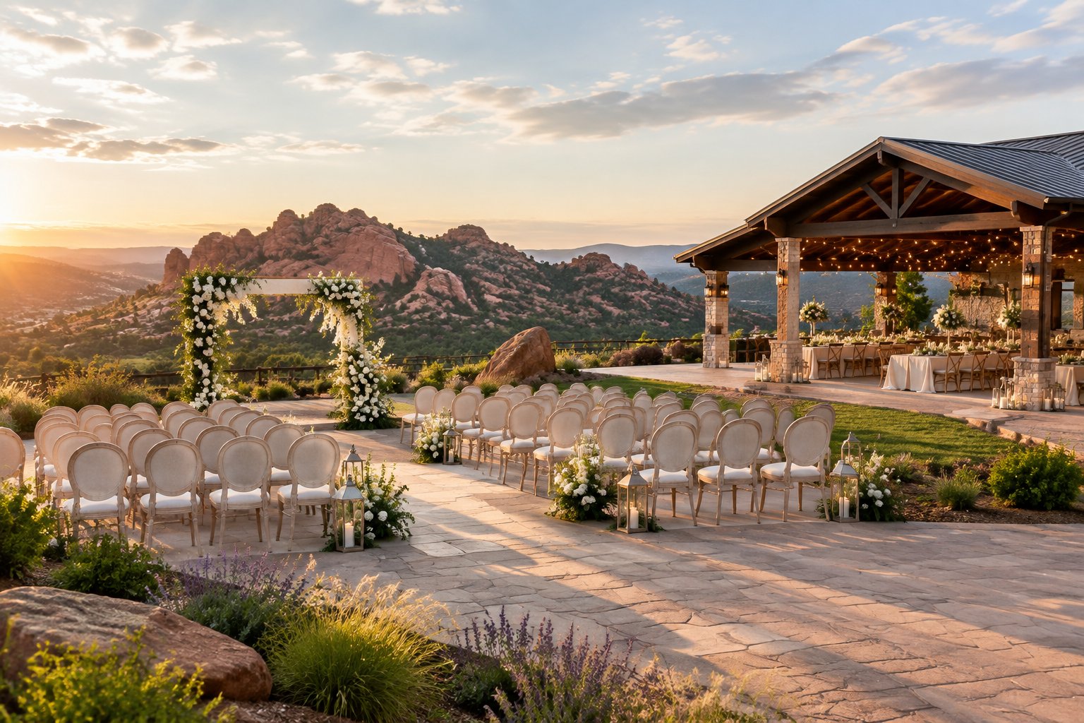 Elegant outdoor wedding venue with floral ceremony arch, decorated tables, and red rock scenery.