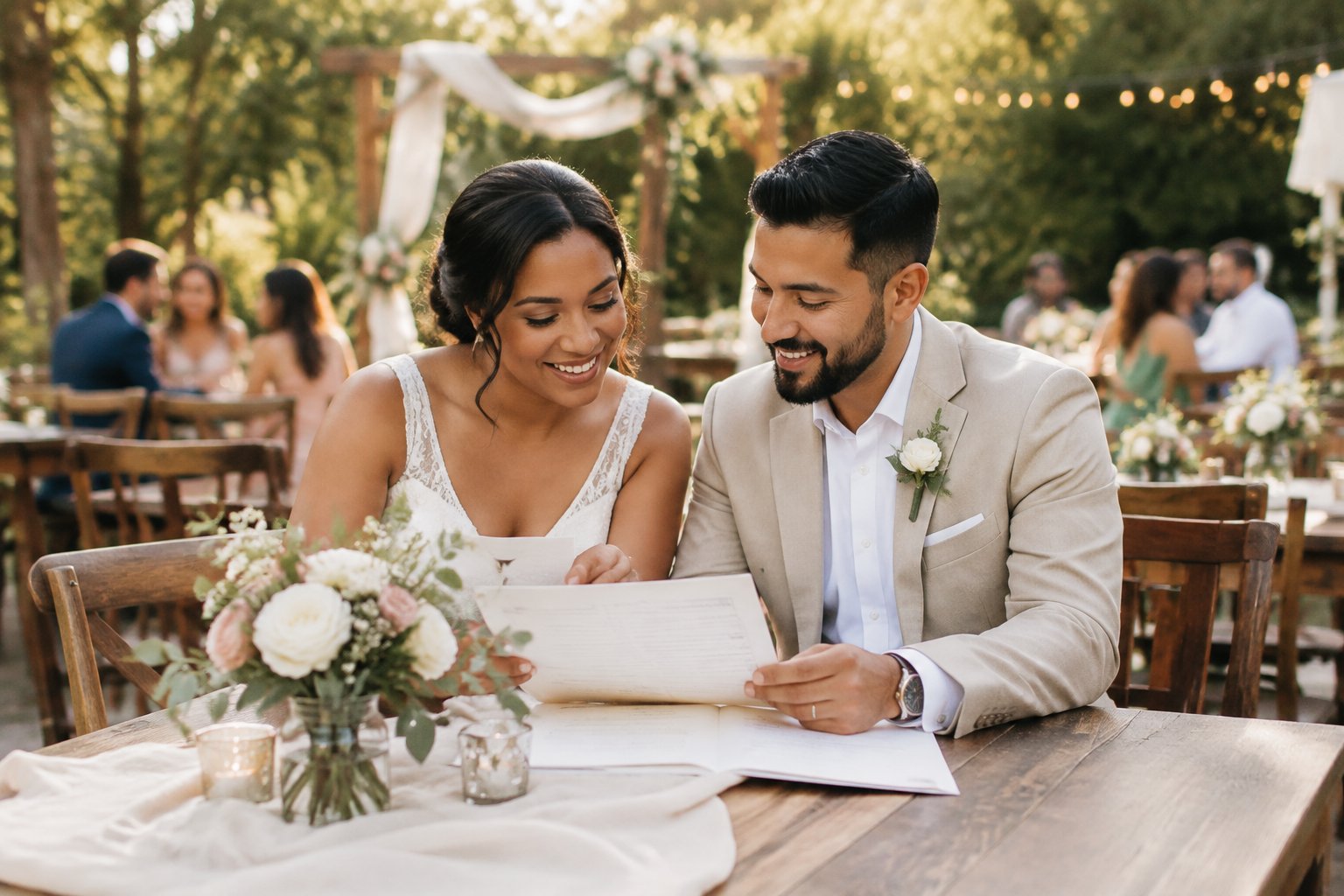 An engaged couple happily reviews wedding plans at a simply decorated outdoor reception table.