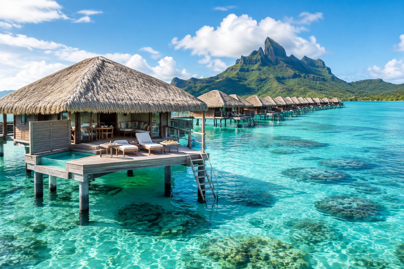 Overwater bungalows on a turquoise Bora Bora lagoon with green mountains in the background.