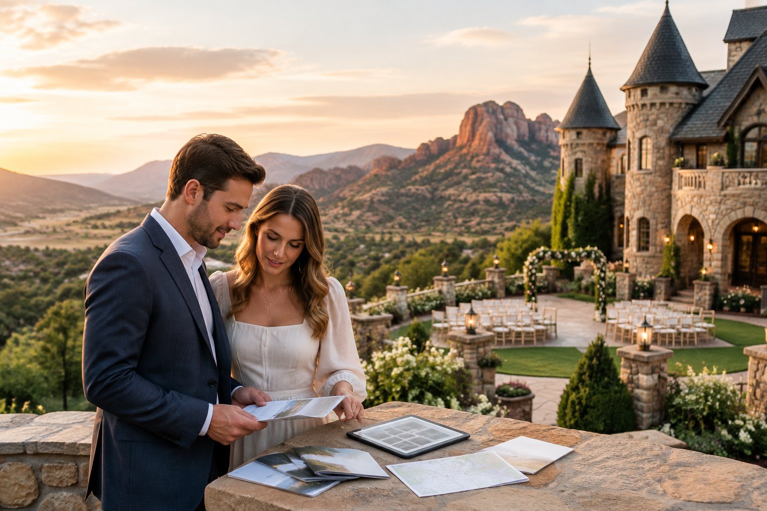 An engaged couple compares wedding venue options outside a stone castle-style venue near Castle Rock.