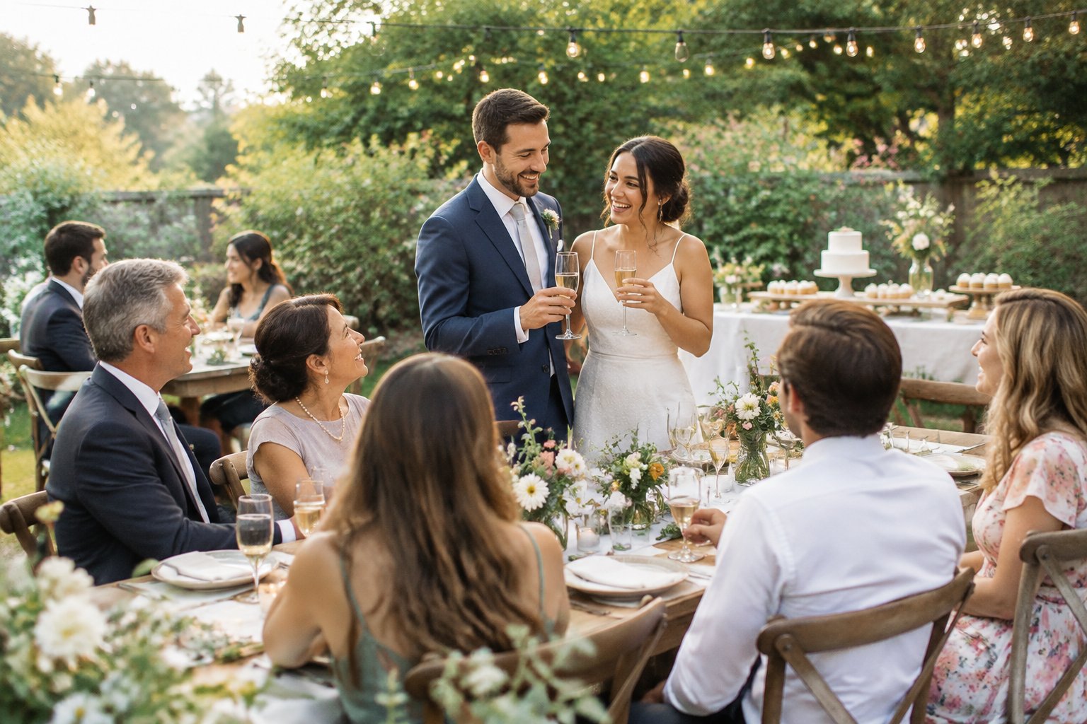 A newlywed couple celebrates with family and friends at a modest, elegantly decorated outdoor wedding reception.