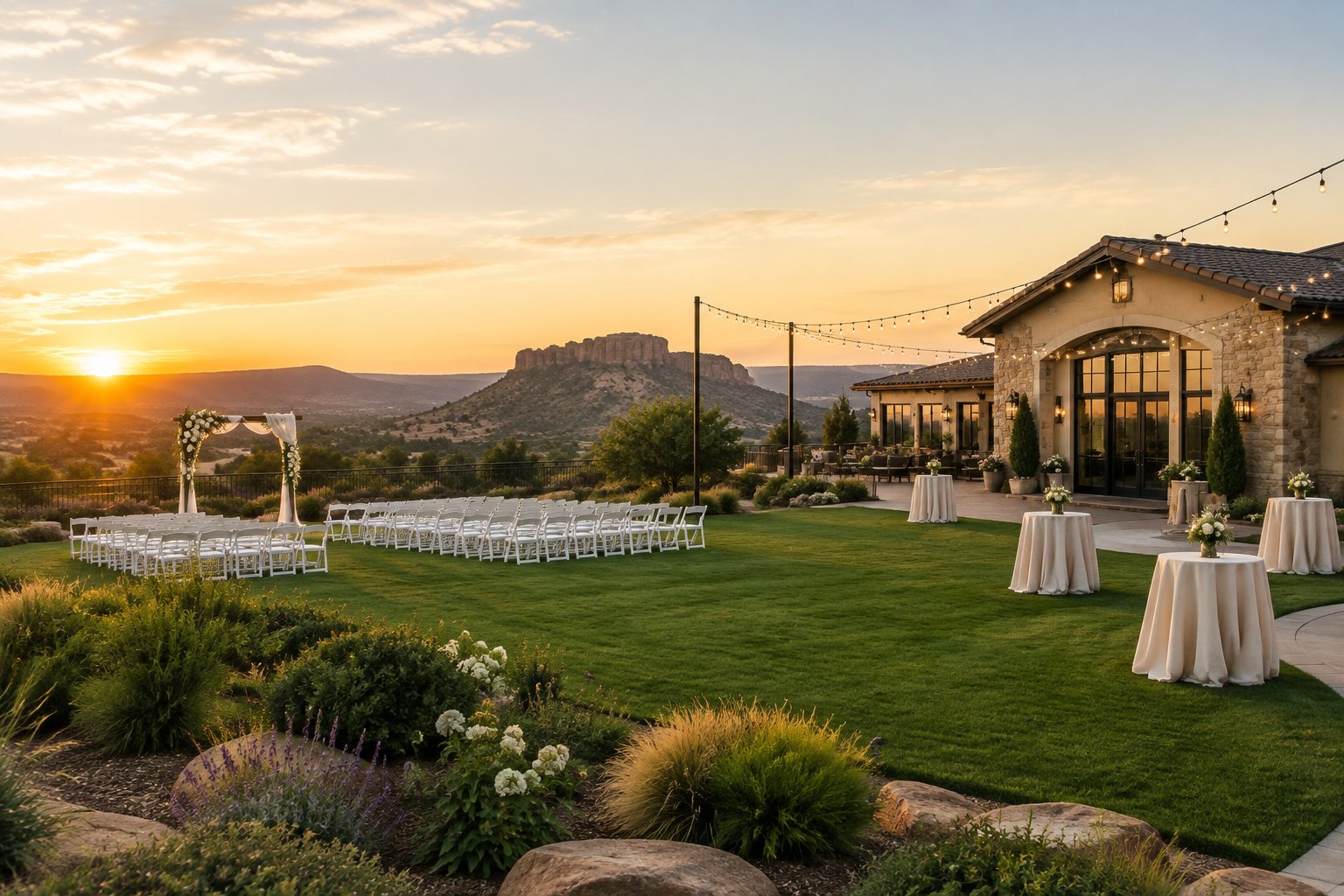 Elegant outdoor wedding venue with garden seating, a ceremony arch, and Castle Rock scenery in the background.