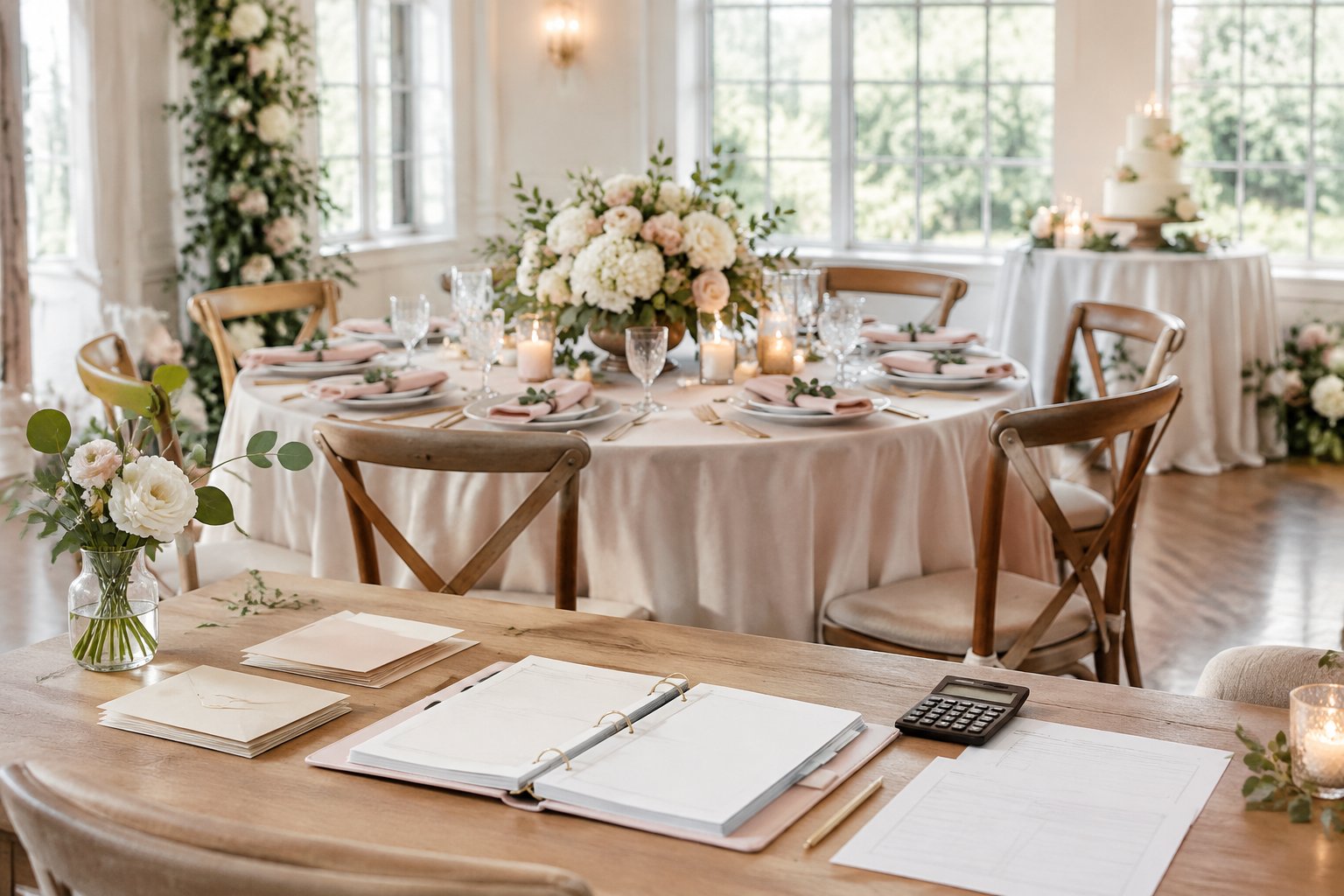 A modest wedding reception table with simple decorations beside organized budgeting materials.