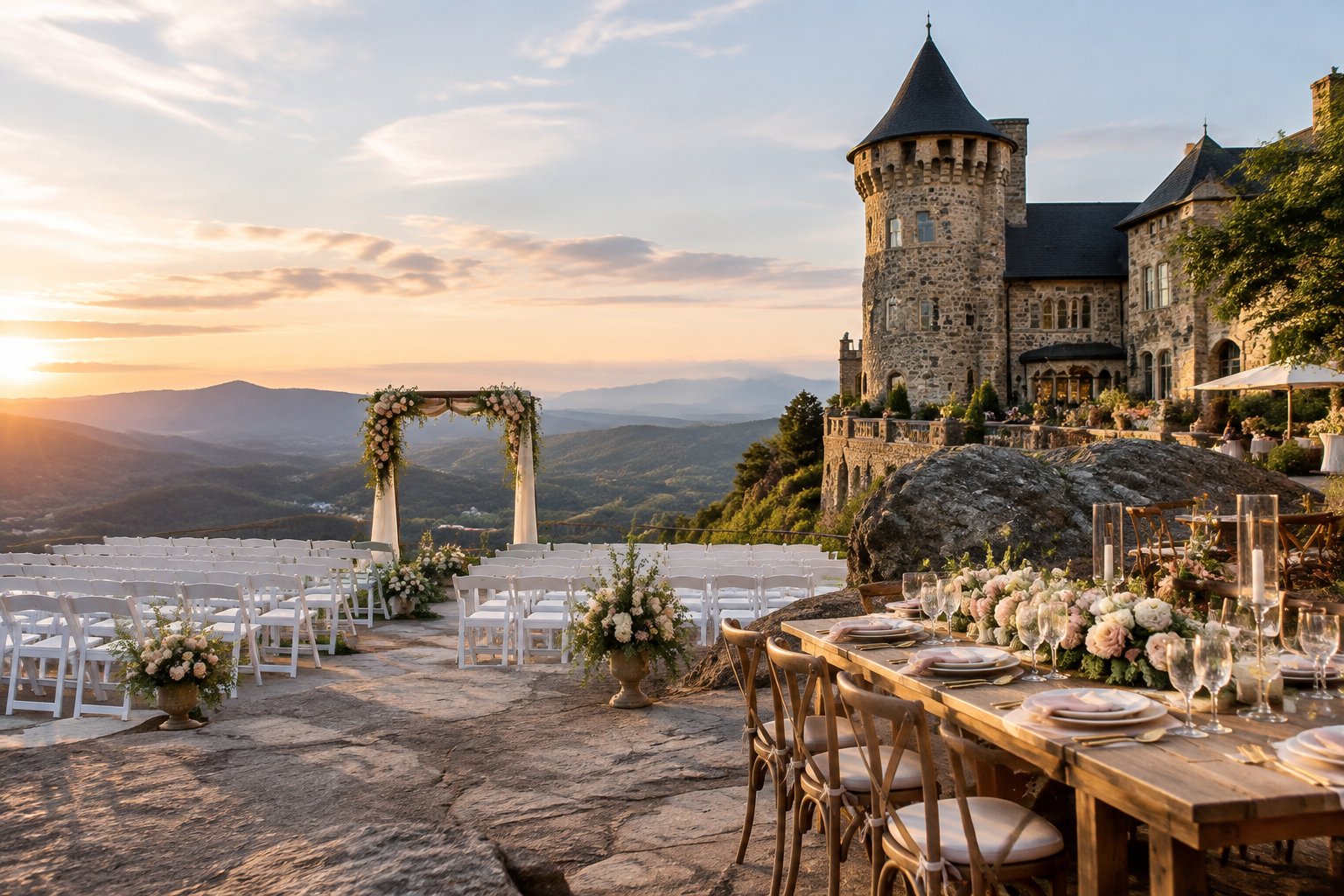 An elegant outdoor wedding setup beside a stone castle on a rocky mountain overlook.