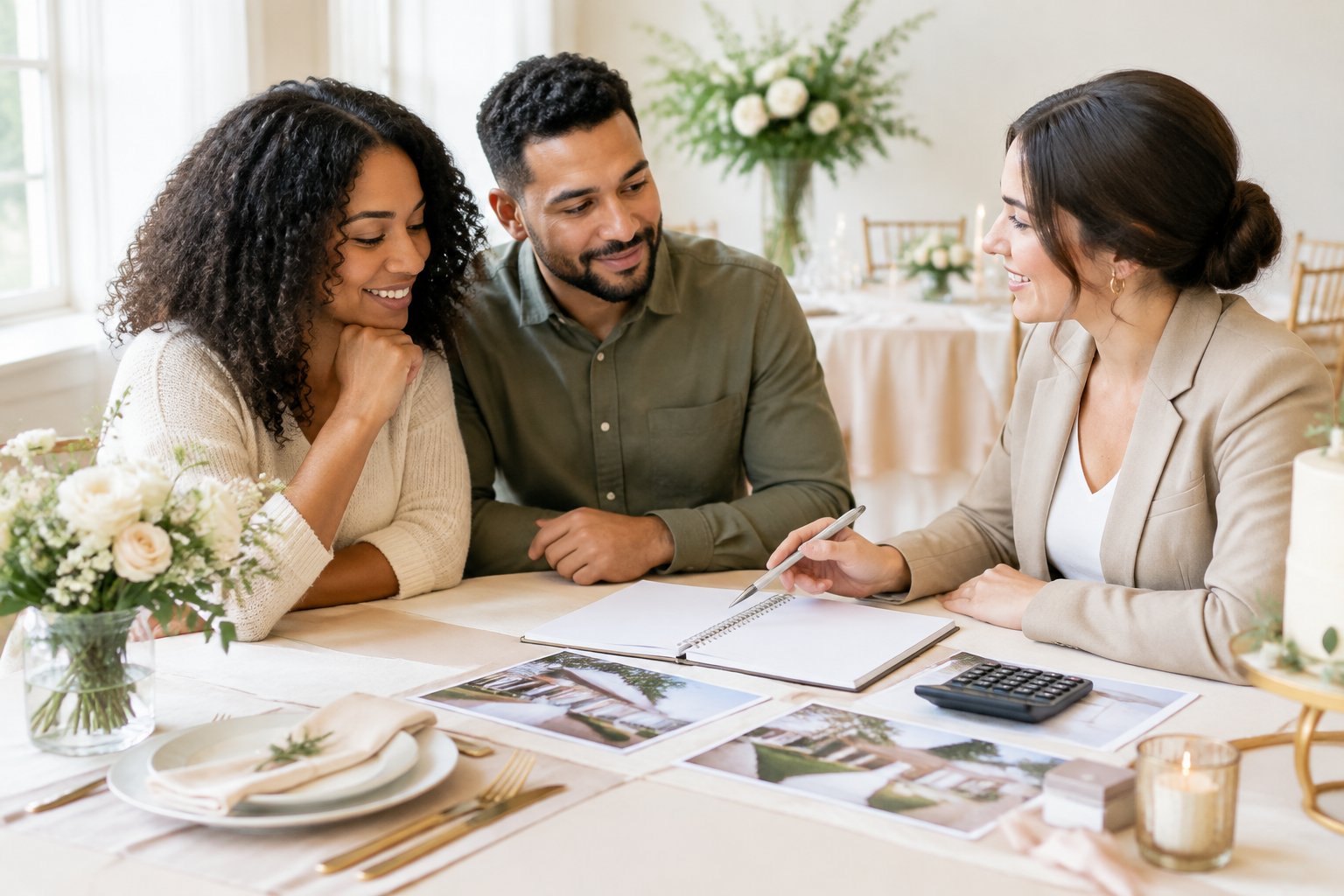An engaged couple reviews wedding plans and budget choices with a wedding planner at a reception venue.