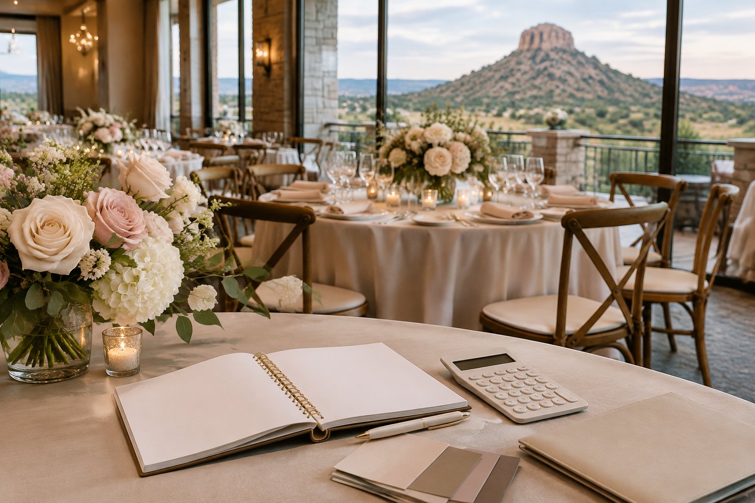Elegant wedding reception setup with a budget notebook and Castle Rock scenery visible through the windows.