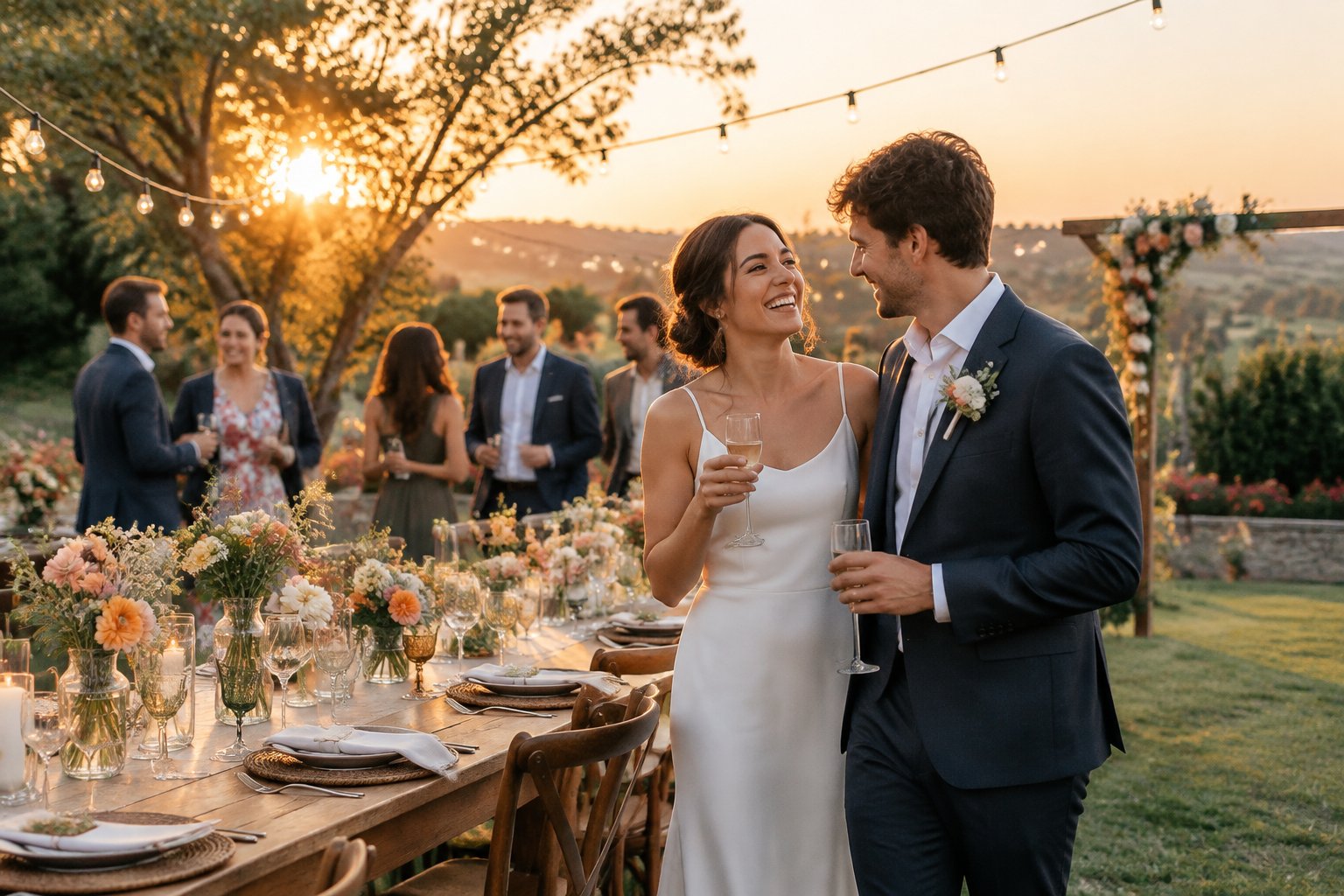 A newlywed couple enjoys an elegant, intimate outdoor wedding reception with simple floral decorations and warmly lit tables.