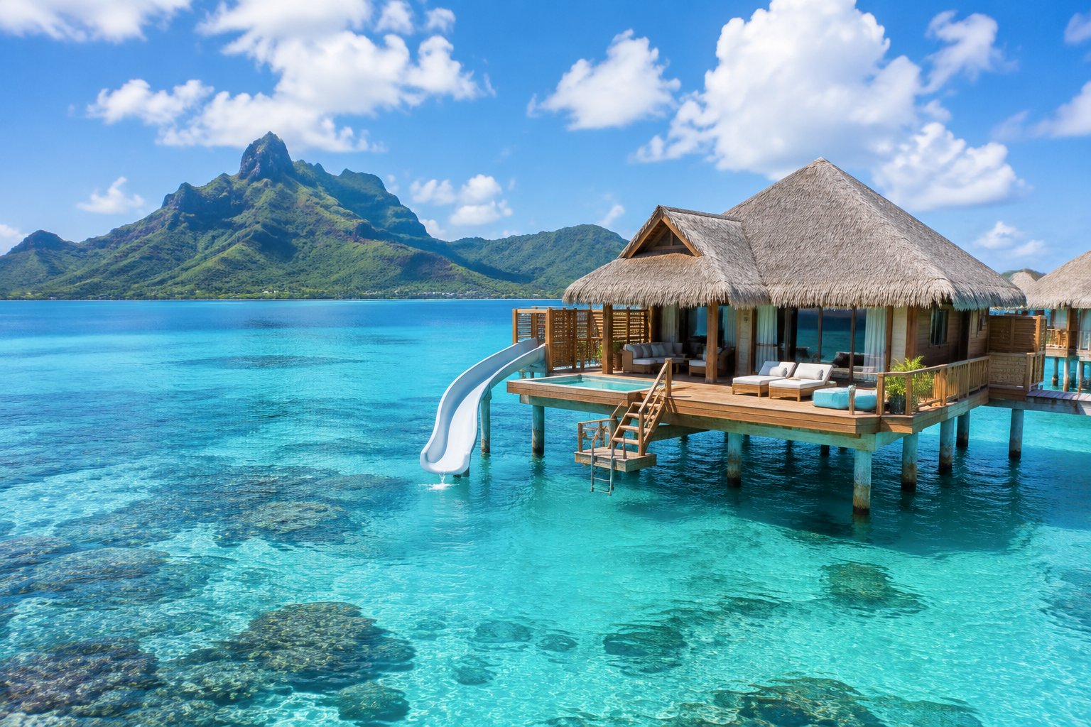 A tropical overwater bungalow in Bora Bora with a wooden deck and slide leading into clear blue lagoon water.