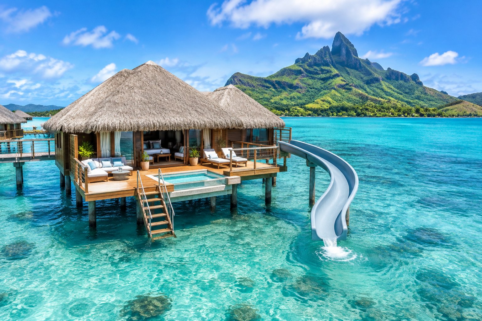 A luxurious Bora Bora overwater bungalow with a waterslide leading into a clear turquoise lagoon, backed by green mountains.